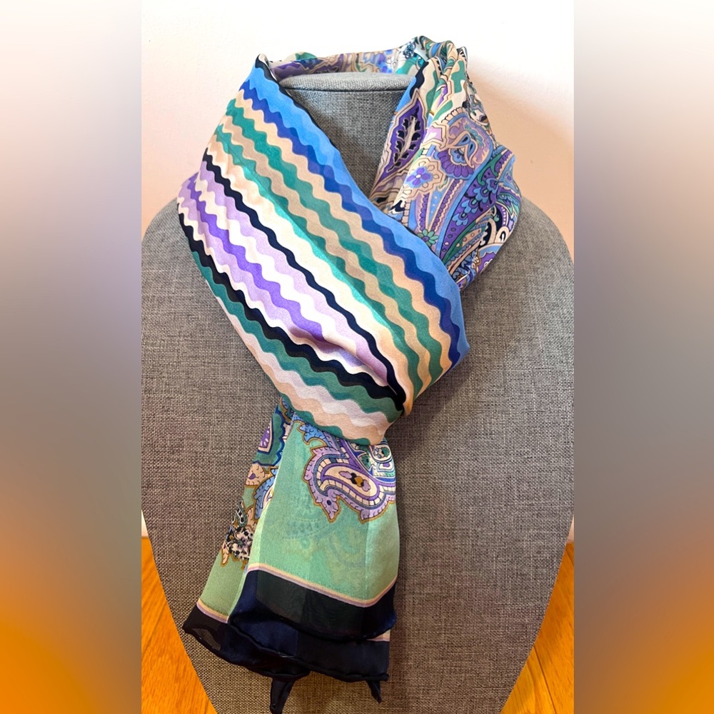 Vintage 100% Silk Paisley Scarf 40x160 Stollerys Toronto Blue Green